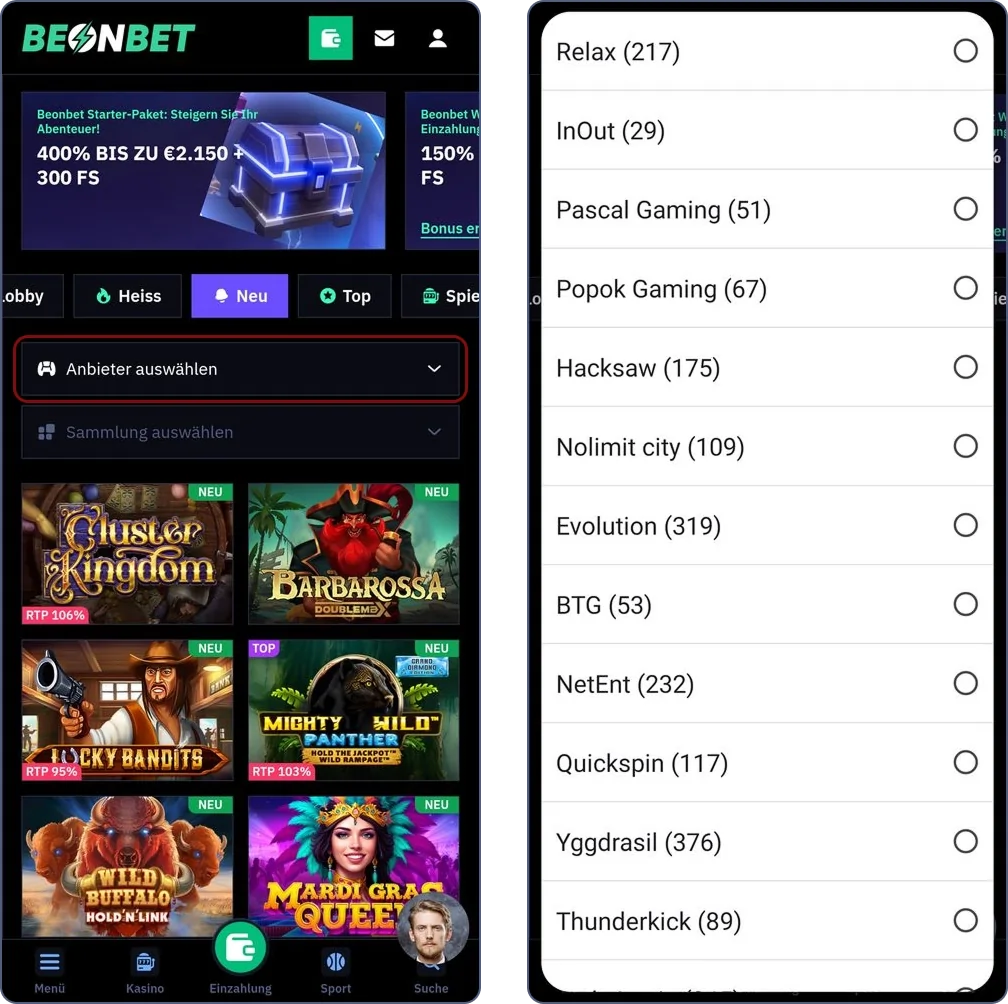 Spieleanbieter im BeonBet Casino