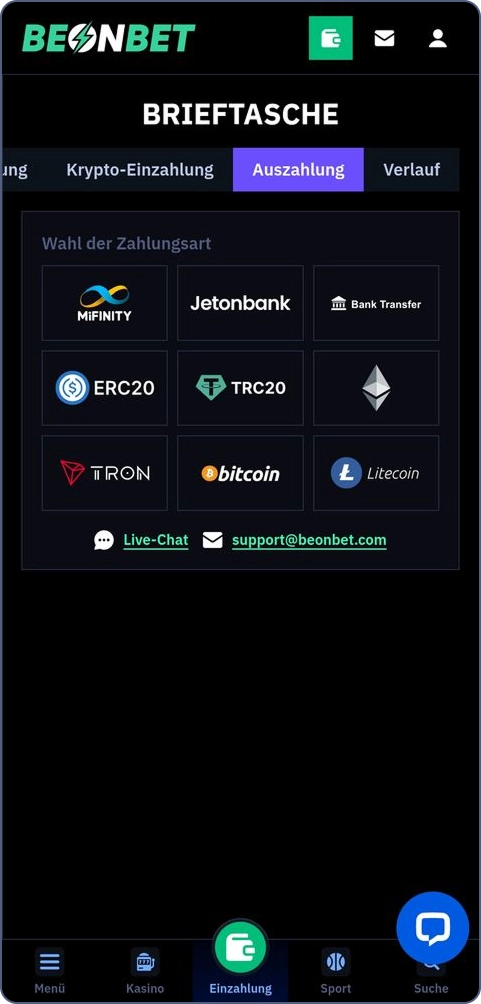 Auszahlungsmethoden bei Beonbet Casino
