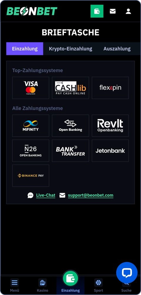 Einzahlungsmöglichkeiten im Beonbet Casino
