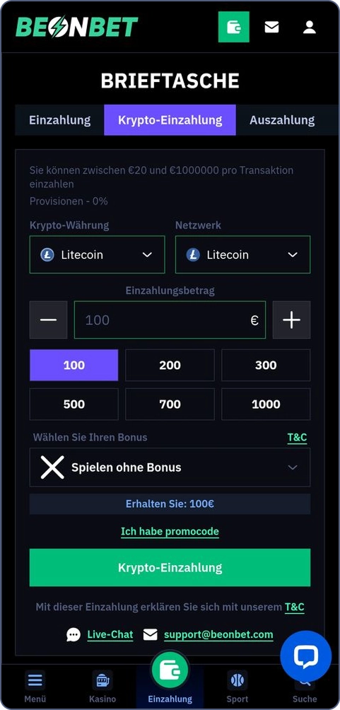 Krypto-Einzahlungen im Beonbet Casino