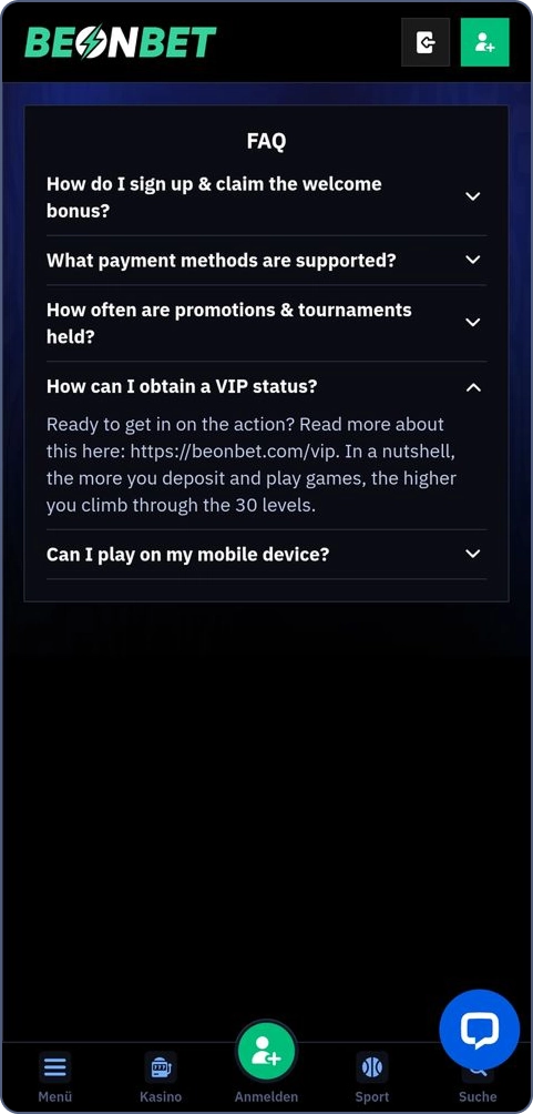 FAQ-Seite vom BeonBet Casino