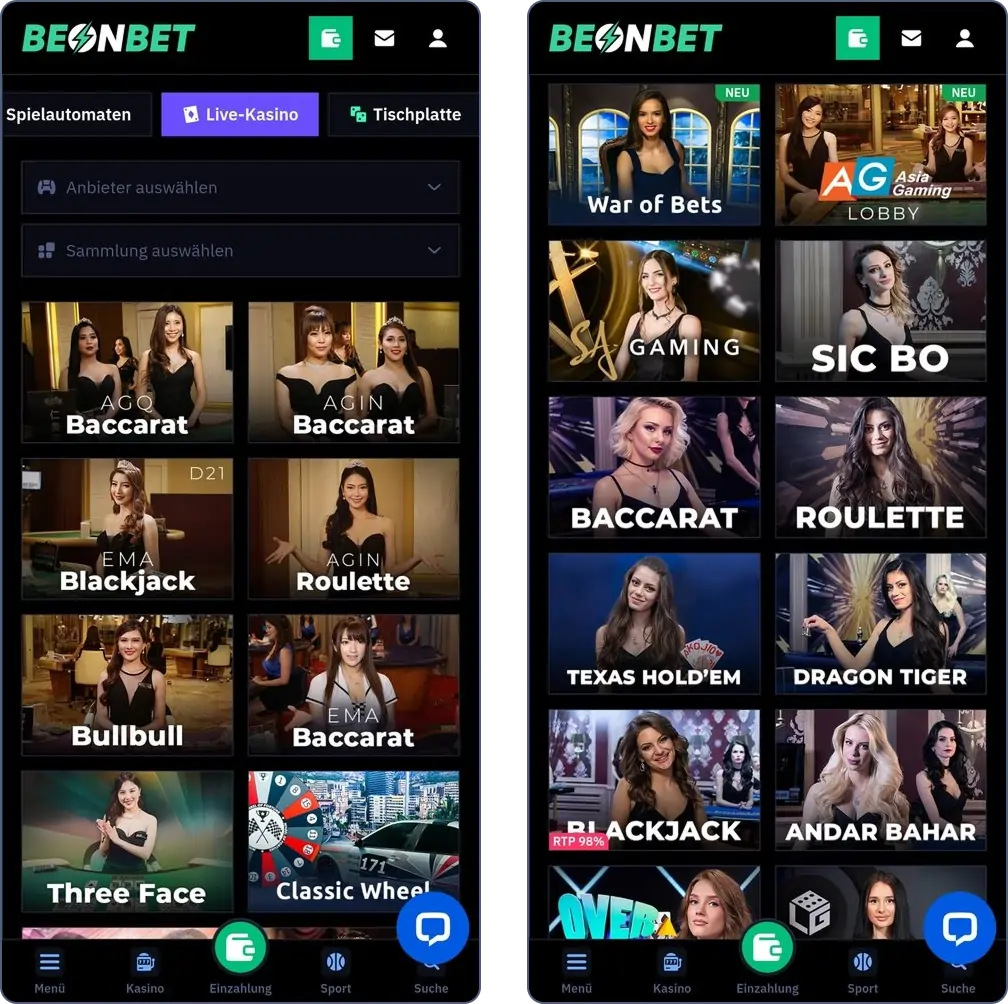 Live-Casino-Spiele im BeonBet Casino